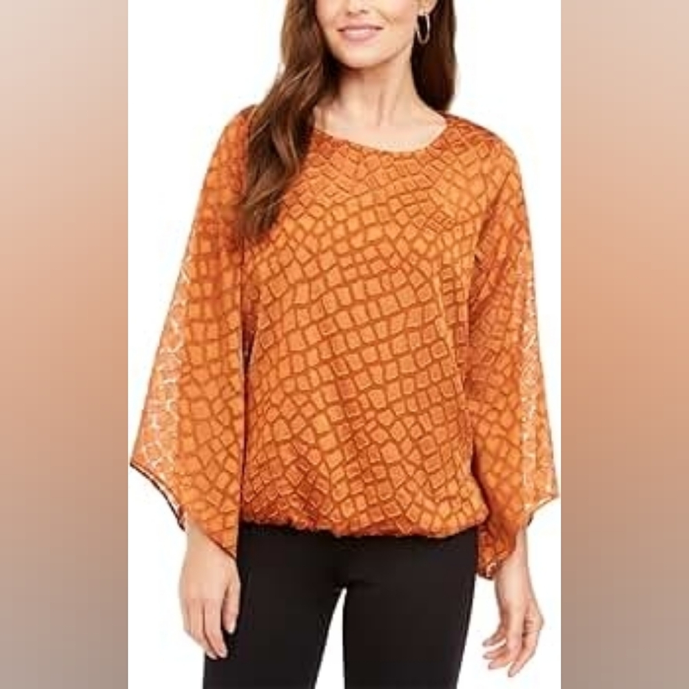 EUC Alfani Snakeskin Handkerchief Sleeve Bubble Blouse In Burnt Orange